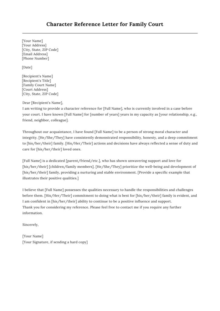 Character Reference Letter Template for Family Court