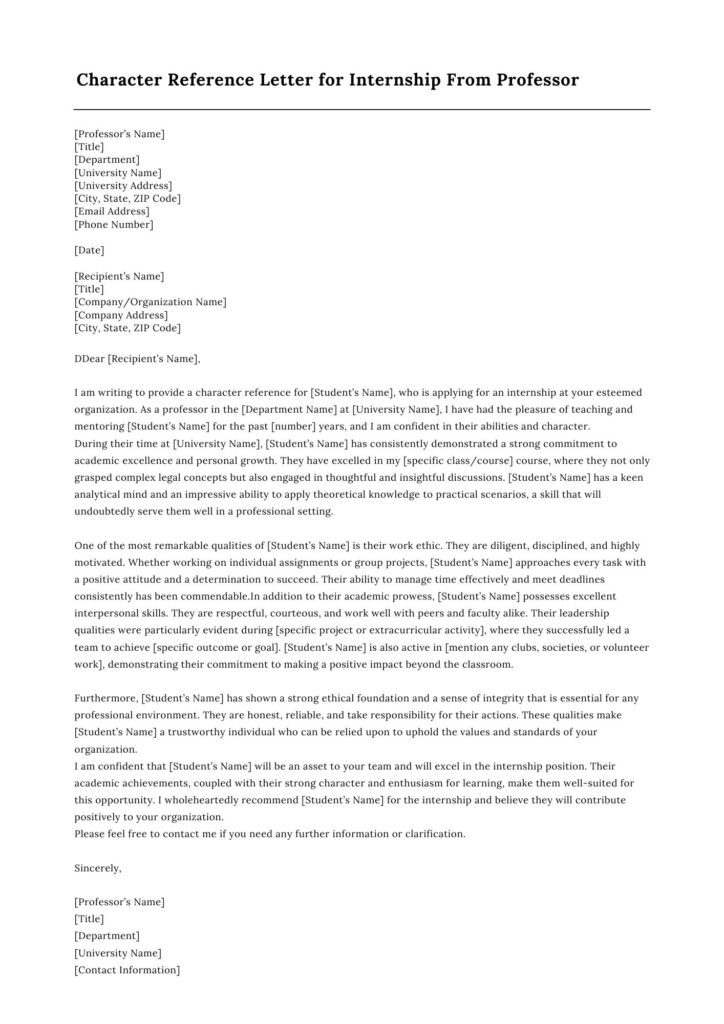 Character Reference Letter for Internship From Professor