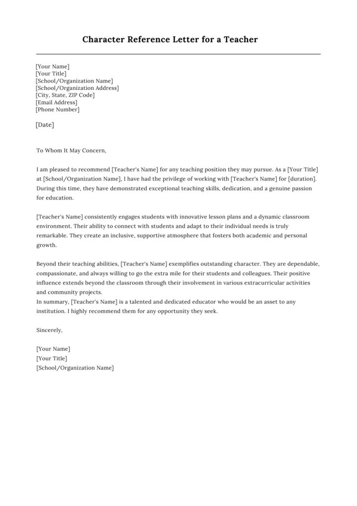 Character Reference Letter for a Teacher