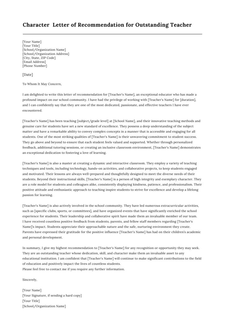 Character Reference Letter of Recommendation for Outstanding Teacher