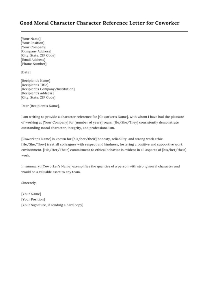 Good Moral Character Character Reference Letter for Coworker