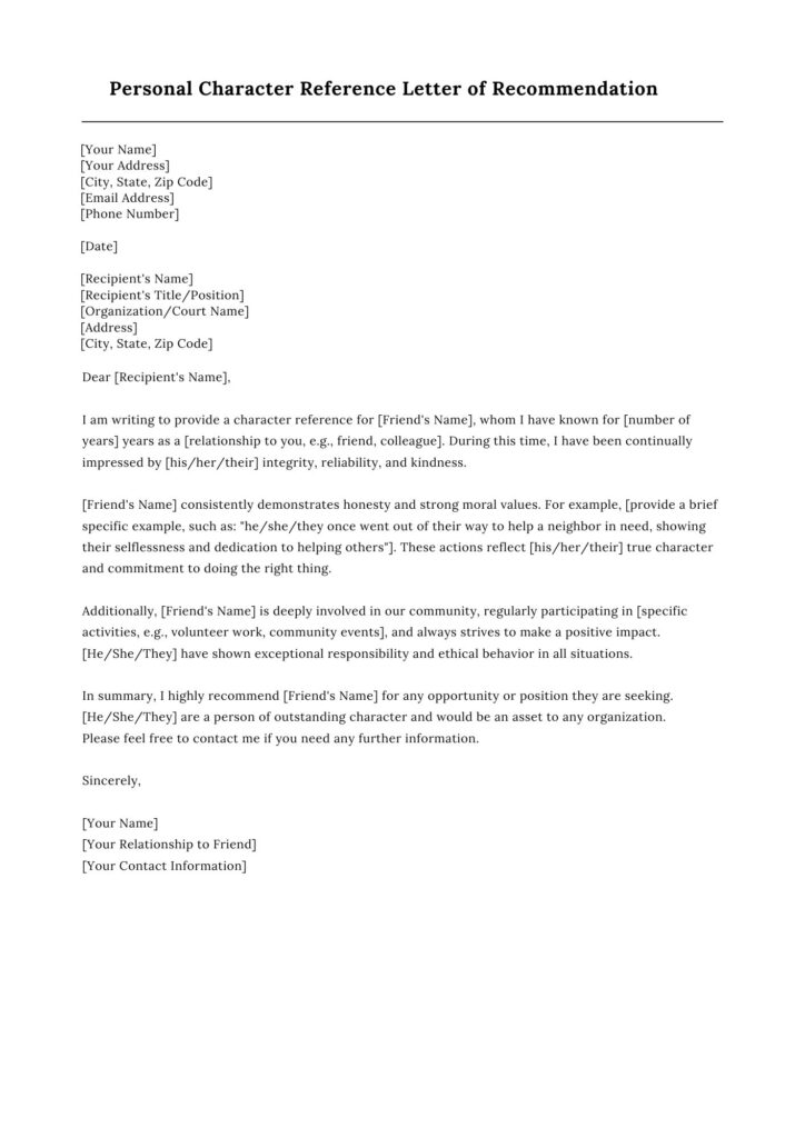 Sample Personal Character Reference Letter of Recommendation Template